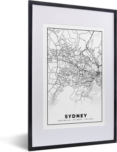 Fotolijst incl. Poster Zwart Wit- Sydney - Zwart Wit - Plattegrond - Stadskaart - Kaart - 40x60 cm - Posterlijst