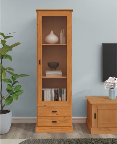 Harry Vitrinekast met Schuifdeur, Glaspaneel en 2 Lades - Massief Grenenhout - 55 cm - Grenen