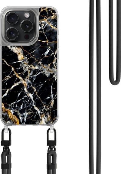 Hoesje met koord geschikt voor iPhone 14 Pro - Black marble elegance - Inclusief zwart koord - Crossbody beschermhoes - Transparant, Zwart, Goud - Mooie Telefoonhoesjes