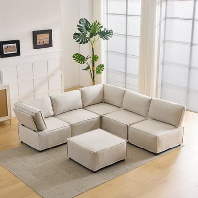 REDOM - Modulaire Hoekbank - Flexibel Vrij Combineerbaar - Woonkamer - Hout En Stof - Beige - 308 X 152 X 77 Cm