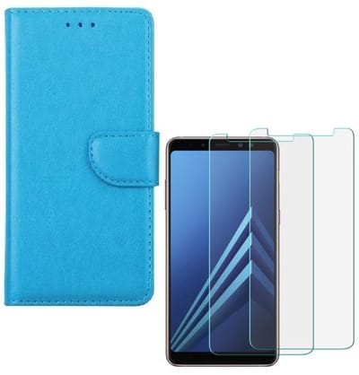 hoesje Geschikt voor: Samsung Galaxy A8 2018 Portemonnee Turquoise met 2 stuks Glas Screen protector