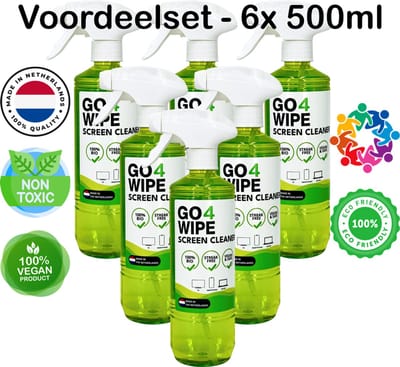 Voordeelset 6x - Nieuw! Verbeterde formule Go4Wipe 500ml Professioneel non-toxic (beeld) schermreiniger voor TV, Monitor, Tablet, Smartphone, Laptop, Brillen