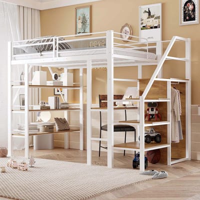 MODFU Hoogslaper 140x200 cm van metaal – wit – met bureau, kledingkast en opbergrek – multifunctioneel voor tieners