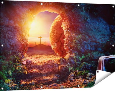 Gards Tuinposter Kruisiging bij Zonsopgang - Opstanding Jezus - 120x80 cm - Tuindoek - Tuindecoratie - Wanddecoratie buiten - Tuinschilderij