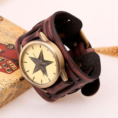 Retro Breed Koeienhuid Leren Armband Horloge Vintage Heren Polshorloges Casual Groot Ster Quartz Horloge Klok Relogio Reloj Dropship black