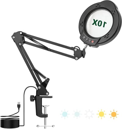 Vergrotende Loep met Licht en Statief, 10x LED Vergrootglas met 22 cm Draaibare Arm, 5 Kleurmodi en 10 Traploze Dimbaarheid, Ideaal voor Senioren en Slechtzienden, Tafelloep voor Nauwkeurig Lezen