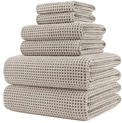 merkloos Microvezel badhanddoeken set 6-delig, sneldrogend en pluisvrij, wafelstructuur in beige