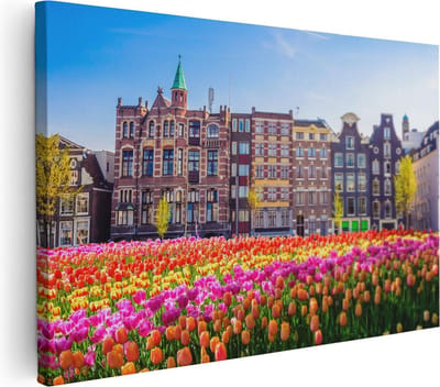 Artaza Canvas Schilderij Tulpenveld - 30x20 cm - Klein - Muurdecoratie Amsterdam - Wanddecoratie Bloemen - Kamer Accessoires Grachtenpanden