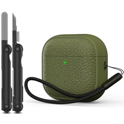 Leger groen hoesje voor oordopjes unisex met textuur en draagkoord geschikt voor AirPods 4 inclusief reinigingsset en TPU beschermhoes
