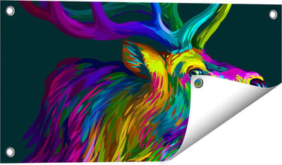 Gards Tuinposter Hertenkop - Hert - Abstract - Kleur - 60x30 cm - Tuindoek - Tuindecoratie - Wanddecoratie buiten - Tuinschilderij