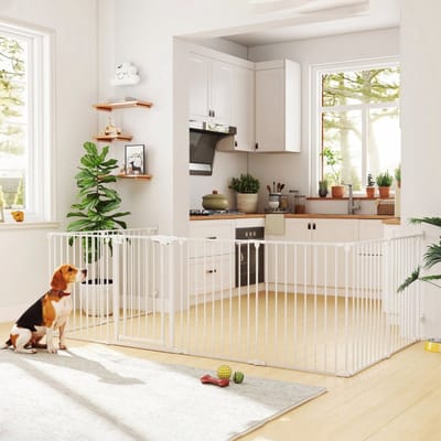 MIVRAY Hondenhek – 8 Panelen Met Deur – 75 cm – Staal En Kunststof – Wit – Opvouwbaar Voor Kleine En Middelgrote Honden