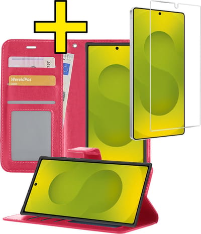 Hoesje - Met Screenprotector - Geschikt voor Samsung Galaxy S25 Ultra - Luxe Pasjeshouder - Bookcase Portemonee - Flip Case - Kunstleer Book Case - Flipcase - Book Cover - Walletcase - Portemonneehoes - Telefoonhoesjes - Donkerroze