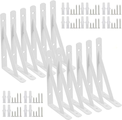 12 Stuks 6 Inch Witte Planksteunen, 150 x 95mm Metalen Driehoekige Beugels met Schroeven voor Wandplanken en Zwevende Planken