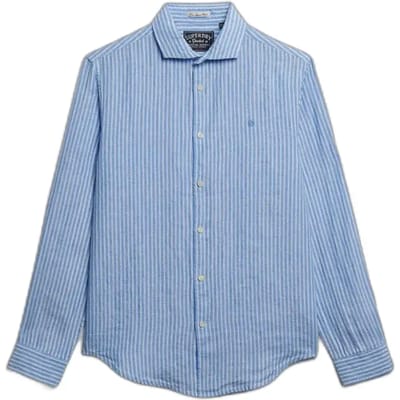Superdry Overhemd Linnen Riviera Blue Stripe - Maat L - Heren - Overhemden Casual