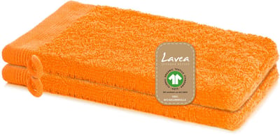 Lavea® 2 Washandjes 16 x 22 cm van 100% biologisch katoenen badstof, zacht en absorberend, voor thuis, hotel en spa – met ophanglus – Oranje