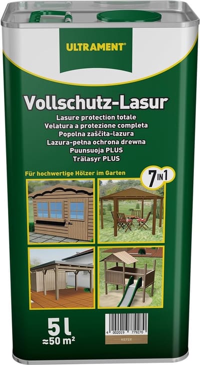 Ultrament 7-in-1 Volledig Beschermende Houtbeits, Grenen, 5 Liter - Vochtbescherming, UV-bescherming & nanotechnologie - ideaal voor tuinhuisjes, gevels en meer. Uitgebreide bescherming voor buitenhout.