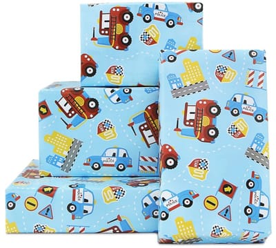 Cosensi- Verjaardagsinpakpapier - Voertuigontwerp - Cadeaupapier voor jongens - 4 Vellen - 50 x 76 cm - Premium Kwaliteit - Perfect voor Verjaardagen