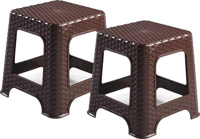 Plasticforte Keukenkrukje/opstapje - 2x - rotan - bruin - kunststof - 33 x 33 x 30 cm
