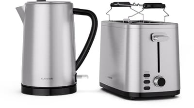 Klarstein Verosteel Essential ontbijtset - roestvrijstalen broodrooster voor 2 sneetjes met 7 bruiningsstanden, broodjeshouder, uitneembare kruimellade en 1,7 l waterkoker met kalkfilter