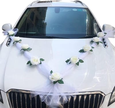 Bruiloftsautodecoratie - Auto versiering bruidspaar - Bruiloft versieren - Echt lijkende rozen - 160cm gaas - Wit