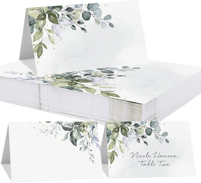 Plaatskaartjes Bruiloft - Naamkaartjes Tafel - Feestdecoratie - Elegant groen blad - 50 Stuks - Wit