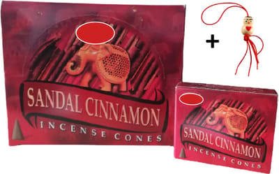 Doos met 12 pakjes - Wierook - Wierookkegeltjes - Kegeltjes - Kegels - Incense Cones - Sandalwood Kaneel - Sandal Cinnamon - 120 Kegeltjes + Gelukspoppetje