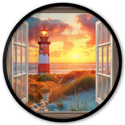 Poster in lijst Rond - Fotolijst 40x40 cm - Posters - Doorkijk - Raam - Vuurtoren - Zonsondergang - Strand - Ronde posterlijst zwart - Decoratie - Wanddecoratie woonkamer - Muurdecoratie slaapkamer