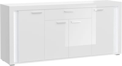 Skylight dressoir 4 deuren, 1 lade met licht hoog glans wit,glas grijs,wit.