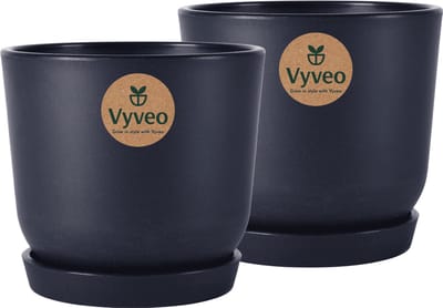 Vyveo - Bloempot Soren met onderzetter - Set van 2 - 13x12 - Zwart - Bloempot voor binnen en buiten - Lichtgewicht - Breukbestendig - Vorstbestendig - UV-bestendig