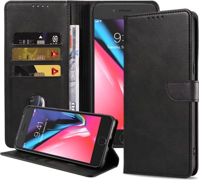 Geschikt voor iPhone 7/8 Plus Telefoonhoesje Kunstleer met Magnetisch lipje en Pasjeshouder Book Case met Klepje - Zwart - Smartphonica geschikt voor Apple iPhone 7 Plus;Apple iPhone 8 Plus