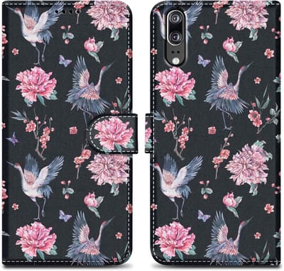 Cadorabo Hoesje geschikt voor Huawei P20 - Design Kraan & Bloemen No. 9 - Beschermhoes Case Cover met magnetische sluiting, standaardfunctie en kaartvakje
