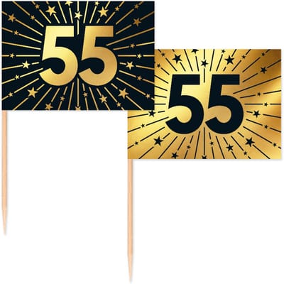 50 Vlagprikkers goud / zwart 55 jaar - Golden Celebrations - Hapjes Cocktailprikkers Tapas Prikkers Feestje
