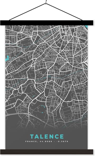 Posterhanger incl. Poster 40x60 cm - Schoolplaat - Talence - Frankrijk - Kaart - Plattegrond - Stadskaart - Textielposter - Zwarte latten - Stadskaart