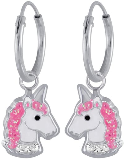 Joy|S - Zilveren eenhoorn oorbellen unicorn oorringen wit roze