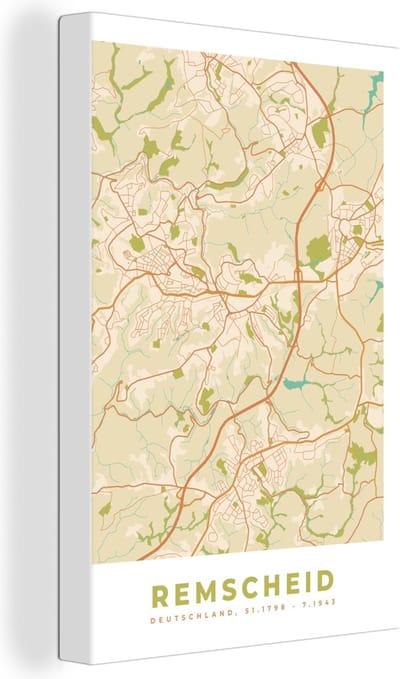 Canvas Schilderij Stadskaart - Remscheid - vintage - Kaart - Plattegrond - 20x30 cm - Wanddecoratie