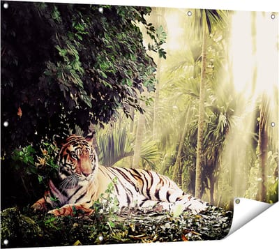 Gards Tuinposter Tijger in de Jungle met Zonneschijn - 120x90 cm - Tuindoek - Tuindecoratie - Wanddecoratie buiten - Tuinschilderij