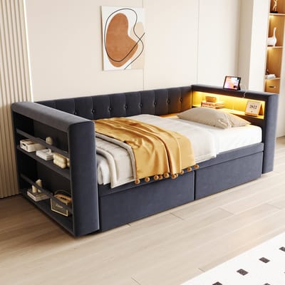 DESMIU Slaapbank 90x190 cm - Multifunctioneel Met Stopcontact En Opbergruimte - 2 Laden - Voor Woonkamer En Slaapkamer - Flanellen Stof - Donkergrijs - Zonder Matras