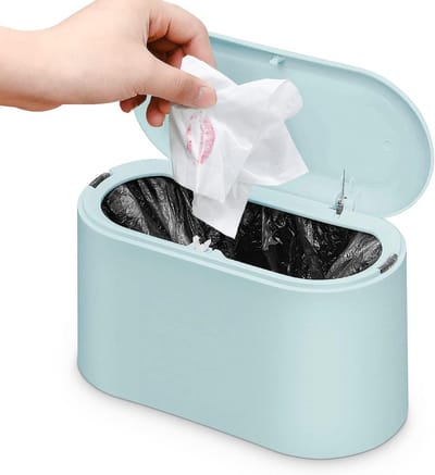 Bureauprullenbak met deksel, mini-bureauprullenbak, recyclingbak, houder voor make-upborstels, geschikt voor kantoor, badkamer, thuis en het bewaren van dierenvoer (lichtblauw).