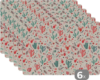 Placemat - Placemats kunststof - Cactus - Bloemen - Pastel - Patronen - 45x30 cm - 6 stuks - Hittebestendig - Anti-Slip - Onderlegger - Afneembaar
