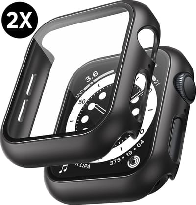 Hoesje voor Apple Watch Series 4 / 5 / 6 / SE / SE 2 / SE 3 - 44 mm Screenprotector - 2 Stuks - Full Cover Hard Case - Zwart