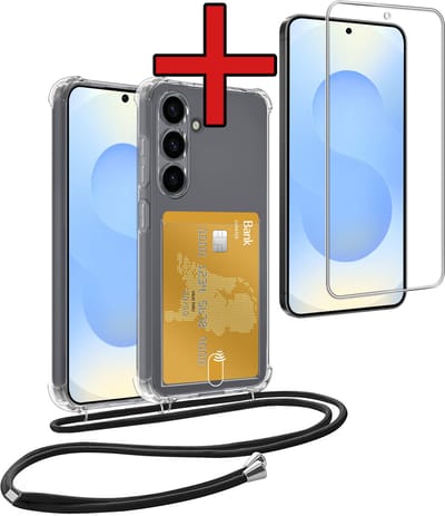 Hoesje Geschikt voor Samsung S25 FE Hoesje Met Telefoonkoord en Pasjeshouder Met Screenprotector Siliconen - Hoes Geschikt voor Samsung Galaxy S25 FE Hoesje Met Kaarthouder Shock Proof Case - Transparant
