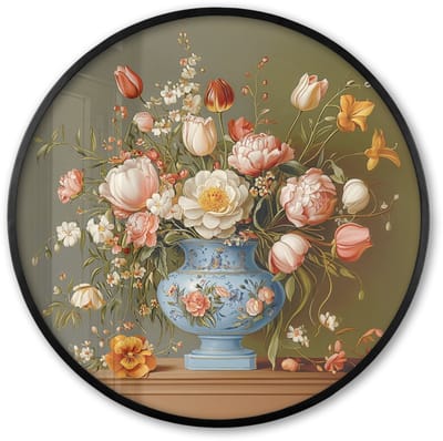 Poster in lijst Rond - Fotolijst 60x60 cm - Posters - Neutral - Bloemen - Boeket - Vaas - Ronde posterlijst zwart - Decoratie - Wanddecoratie woonkamer - Muurdecoratie slaapkamer
