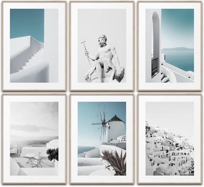 Set van 6 Santorini Wandposters - Woonkamer & Slaapkamer Decoratie - Griekse Esthetiek Wit Blauw (DIN A4)