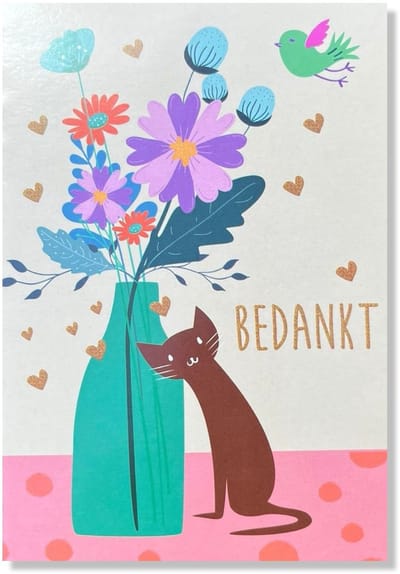 Bedankt Wenskaart - Kat - 12x17cm - gevouwen kaart Inclusief envelop
