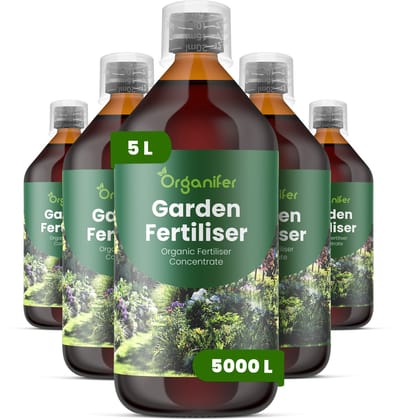 Vloeibare Meststof Voor Tuin 5X1 L Voor 5000 L - Npk 2-1-8 - Ondersteunt Vitale Groei Van Rozen - Heesters - Vaste Planten - Bloembollen En Gemengde Borders - Verbetert Weerbaarheid Bij Snoei - Verbetert Bloeiduur - Bloemgrootte - Organifer