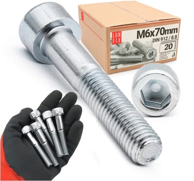 LUN FIX - Zylinderkopfschroeven M6x70 mm - 20 stuks - DIN 912 - Vol draad - Staal verzinkt