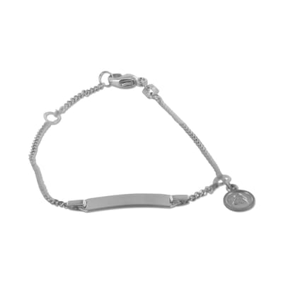 New Bling 9NB-0874 Zilveren Babyplaatbandje - Armband - Rechthoek - 18 x 4,5 mm - Hangertje - Engeltje - 6,3 mm Doorsnee - Gourmette - 1,7 mm - 12 + 2 cm - Rhodium - Zilver