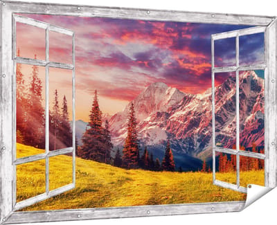 Gards Tuinposter Doorkijk Alpen Landschap met een Kleurrijke Hemel - 180x120 cm - Tuindoek - Tuindecoratie - Wanddecoratie buiten - Tuinschilderij