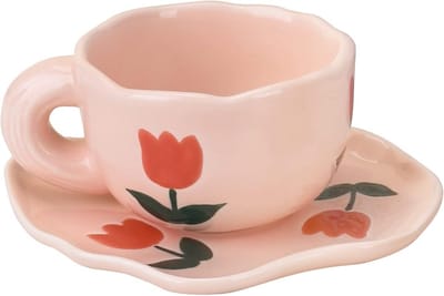 Unieke keramische koffiemok met schotelset, creatieve en onregelmatige vorm, vaatwasser- en magnetronbestendig, perfect voor thuis en op kantoor, 180ml voor latte en meer