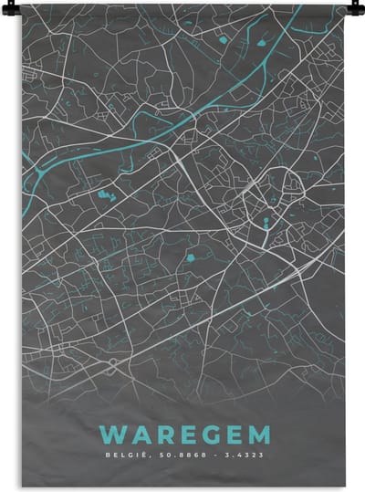 Wandkleed - Wanddoek - België – Waregem – Stadskaart – Kaart – Blauw – Plattegrond - 120x180 cm - Wandtapijt